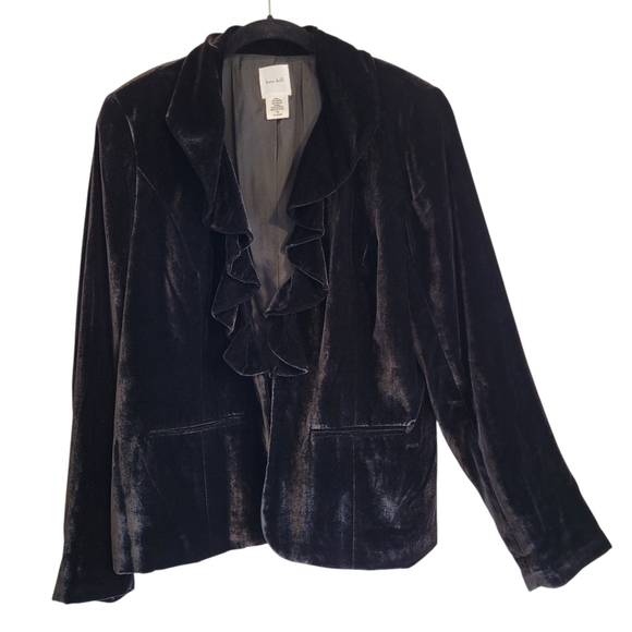 Kate Hill Jackets & Blazers - Kate Hill Black Crushed Velvet Black Ruffle Blazer Jacket Wmn 16 Plus Elegant